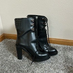 Sergio Rossi Black Heeled Combat Moto Boots Leather Studded Lace Up